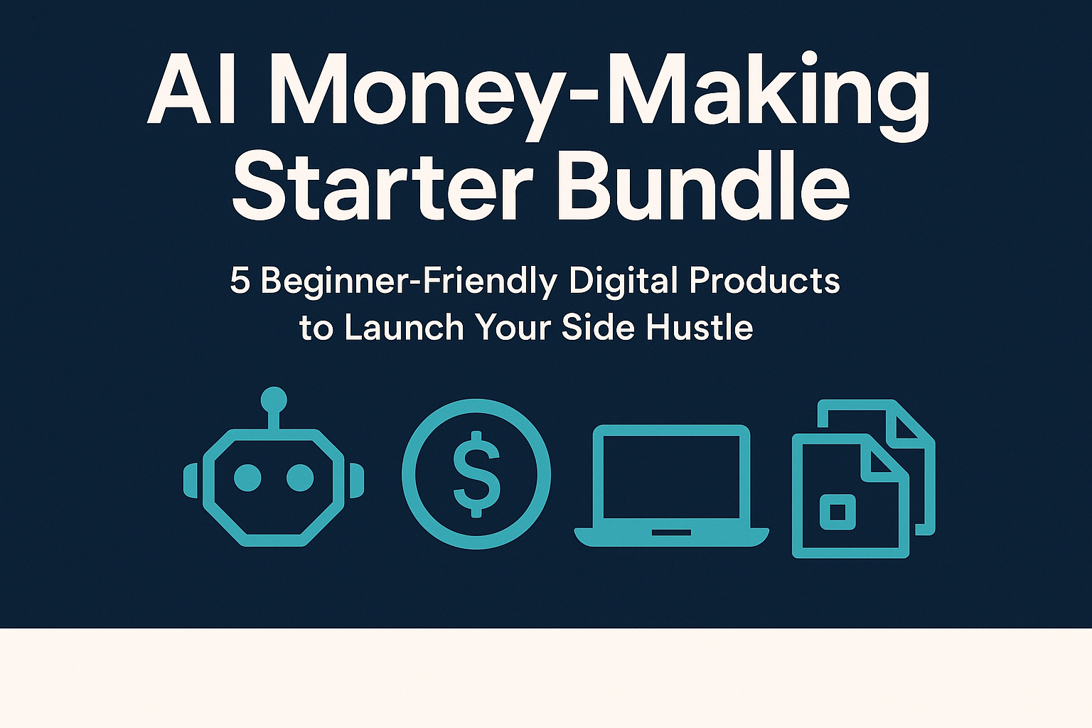 Bold title: “AI Money-Making Starter Bundle”
Subtitle: “5 Beginner-Friendly Digital Products to Launch Your Side Hustle”
Icons representing AI (robot or brain), money, laptop, digital files
Clean modern colors: navy blue, white, and bright accent (orange or teal)
Minimalist style with simple shapes and clear fonts